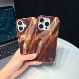 Retro Fashion Brown Smudging Silk Satin Texture Glossy Protective Phone Case Cover for iPhone 17 16 15 14 13 Pro Max