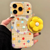 3D Cute Flower Grid Magnetic Grip Tok Phone Case for iPhone 17 16 15 14 13 Pro Max Wireless Charge For Magsafe Holder Cover