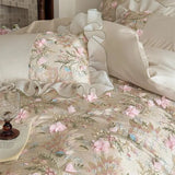 1000TC Egyptian Cotton Bedding Set Duvet Cover Flat/Fitted Bed Sheet Pillowcases, Floral Embroidery Ruffles Luxury Bed Linens