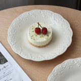 White Relief Dining Plate French Household Ceramic Round Plates Solid Color Dessert Flower Dish Simple Versatile Tableware