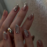 24Pcs Cat's Eye Design Fake Nail with Pearl Short Round Head Press on False Nails Silver French Bow Pattern Full Cover Nail Tips