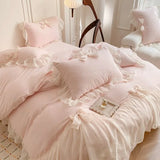 Korean Princess Lace Bedding Set Beautiful Solid Color Lace Pleated Duvet Cover Luxury Girl Wedding Home Textile Bed Sheet Cover