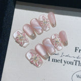 10pcs 3D Flower Handmade Press on Nails Cat Eye Pearl Glitter Sweet French Short Coffin False Nails Full Cover Wearable Manicure