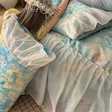 4Pcs French Princess Style Tencel Cotton Ice Silk Summer Cooling Comforter Set Blue Print Ruffle Bedding Set 1.5M Bedspread