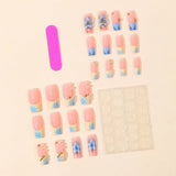 Blue Gradient French Press on False Nail with Glue 3D Sweet Flower Ripple Medium Square Fake Nails Fashionable Fake Nails 24Pcs