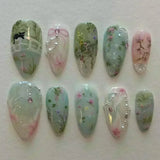24Pcs Pink Almond False Nails Sweet Summer Fake Nail Cute Flowers Pearl Nails Press Ons Colorful Monet Press on Nails for Girls