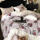 100% Long-Staple Cotton Bedding Set Gorgeous Floral Romantic Rose Flat Bed Sheet Set Pillowcases Queen King Size Bed Linen Set