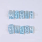 10 Pcs New Blue Dreamy Grid Press on Nails Cute Bowknot and Love Shape Cat's Eye Nail Patch Women Girls Detachable Fake Nails