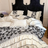 4Pcs French Vintage Princess Style Embroidered Chiffon Lace Ruffle Luxury Bedding Set Queen Size Quilt Cover 200X230