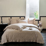 Flowers Embroidery Ruffles Purple Luxury Bedding Set 1000TC Egyptian Cotton Duvet Cover Flat/Fitted Bed Sheet Pillowcases 4Pcs