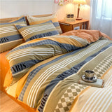 Ikeehome  Thiened Warm Flannel Bedding Set Pure Cotton Bear Pattern Autumn Winter Four-Piece Quilt Cover eet Tee-Piece Set