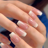 24Pcs Simple French Fake Nail with Gradient White Design Short Square Head False Nails Wearable Finished Manicure Press on Nails