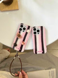 Pink Stripe leather strap Bracelet Phone Case For Iphone 16ProMax 13 14 15 16 Pro Max 16Pro 15ProMax 15Pro 14Pro Cover Fundas