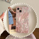 Korea Laser 3D Pink Bow Beads Phone Case for iPhone 16 15 14 13 16 Pro Max Floral Shell Girl Clear Soft Silicone Back Cover