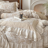 4/5Pcs French Vintage jacquard Lace Ruffles 100% Cotton Double Layer Yarn Bedding Sets Duvet Cover Flat/Fitted Sheet Pillowcases