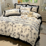 Korean Black White Hepburn Style Bedding Sets Ultra Soft Breathable Duvet Cover Set with Black Lace Fitted Sheet Set for Adults