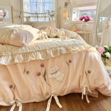3/4Pcs Bedding Set French-Inspired, Girly, Princess-Style Bows and Lace Pink Duvet Cover Pillowcase Bedding Full Set Double Bed