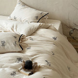 100% Cotton Wrinkled Yarn Flower Embroidery Bedding Set Single Queen King Size Duvet Cover Flat/Fitted Sheet Lace-Up Pillowcases