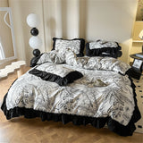 Washed Cotton Bedding Sets With Lace Black Printed Four Piece Set Bedroom Decor Duvet Cover Pillowcase Bedspread Bed Cover Sets