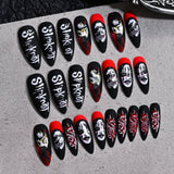 24pcs Dark Spider Bat Halloween Fake Nails Almond Short Reusable Artificial False Nails Full Cover Nail Tips DIY Press On Nails