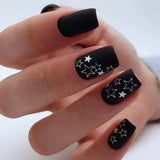 24Pcs/Box Blue False Nails Press on Nails Full Cover Cartoon Black Cat Glitter Sky Moon Stars Design French Wearable Manicure