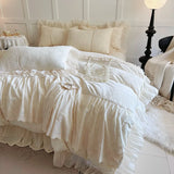 Pink French Princess Style Lace Ruffles Carved Velvet Warm Soft Bedding Set Duvet Cover Flat/Fitted Bed Sheet Pillowcases 4Pcs