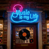 Music Is My Life Neon Sign, Blue & Pink LED Neon Light with Headphone & Note Design, USB Powered Wall Decor for Bar, Bedroom & Music Studio