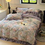 Korean Style Bedding Set 100% Cotton Green Flowers Printed Princess Duvet Cover Sets Fitted Bed Sheet Pillowcases Home Textile