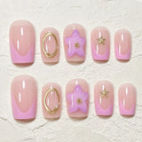 Square Press on Nails Full Cover Carved Flower 3D Nails Press on 3D Ripples French Fake Nails with Golden Pearl False Nails 24Pc
