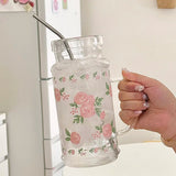 French Style Glass Suction Tube Cup Elegant Pink Rose Large Capacity Juice Drink Cup Girl Outdoor Office Cold Summer Drinks Cup