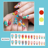 24Pcs Mid-length French Almond Press on Nails Tips 3D Colorful Flower Butterfly Insect Fake Nail Rhinestone Reusable False Nails