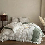 Vintage French Floral Lace Ruffles Bedding Set 100% Cotton Double Yarn Soft Duvet Cover Flat/Fitted Bed Sheet Pillowcases 4Pcs