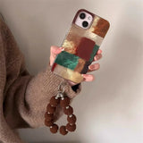 Retro brown red color blocked phone case with fur ball phone chain For iPhone 11 12 13 14 15 pro max