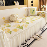 Single Chenille Tulip Sofa Towel with Skirt Hem French Gentle All Inclusive Couch Slipcover Anti Slip Dust Cover for Living Room
