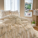 Three-layer Floral Embroidered Lace Ruffles 1000TC Egyptian Cotton Bedding Set Duvet Cover Flat/Fitted Bed Sheet Pillowcase 4Pcs
