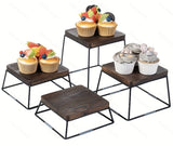 Set of 4 Wood Buffet Risers, Square Retail Food Display Risers for Party, Burnt Wood & Black Metal Wire Pizza Stands for Serving