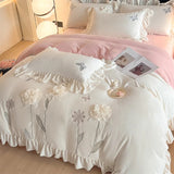 Flowers Embroidery Ruffles Thickened Soft Warm Velvet Bedding Set Queen King Size Plush Duvet Cover Set Bed Sheet Pillowcases