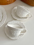 French Relief Coffee Cup Dish Set Exquisite Household Ceramic Drinking Cups With Handle White Round Plates 2Pcs Drinkware Suit