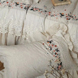 Vintage French Large Lace Ruffles Floral Embroidery Linen Cotton Bedding Set Duvet Cover Flat/Fitted Bed Sheet Pillowcases 4Pcs