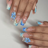 Blue Gradient French Press on False Nail with Glue 3D Sweet Flower Ripple Medium Square Fake Nails Fashionable Fake Nails 24Pcs