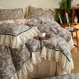 Vintage French Lace Ruffles Bedding Set Pure Cotton Wrinkled Yarn Soft Duvet Cover Set Flat/Fitted Bed Sheet Pillowcases 4Pcs