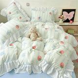 French Princess Lace Ruffles Bedding Set Washed Cotton Skin-friendly Duvet Cover Set with Sheet Soft Printed Flowers Quilt Cover