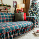 Gingham Sofa Cover with Ruffled Hem Elastic Machine Edges Washable for New Christmas Year Family Gathering Decorative Throw