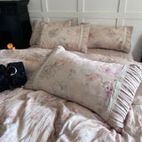 Flowers Prints Pleated Ruffles Princess Bedding Set 100% Cotton Double Layer Yarn Duvet Cover Quilted Bedspread Pillowcases 4Pcs