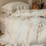 French Vintage Princess Style 4-Piece Bedding Set – Cotton Linen Blend with Lace and Bow Trim, Duvet Cover & Bedspread