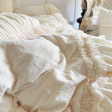 Pink Princess Style Pleated Lace Ruffles Carved Velvet Warm Soft Bedding Set Duvet Cover Flat/Fitted Bed Sheet Pillowcases 4Pcs