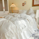 4Pcs White Korean Princess Style 100% Cotton Bedding Set Double Layer Lace Ruffles Duver Cover Bed Skirt Bedspread Pillowcases