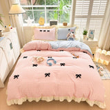 Classic Plaid Duvet Cover, Soft Lace Bedding Set, Bow Design Skin-friendly Quilt Cover, 2 Pillowcases with Different Patterns