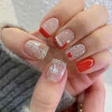 24pcs Shiny Powder Full Cover Nail Art French Red Short Square Fake Nails Christmas Snowflake False Nail Reusable Press on Nails