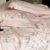 Premium 1000TC Egyptian Cotton Flowers Embroidery Pink Luxury Bedding Set Duvet Cover Flat/Fitted Bed Sheet Pillowcases 4Pcs